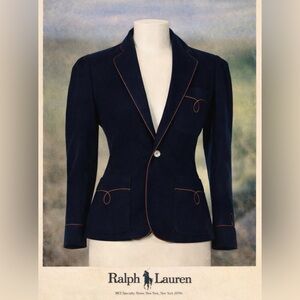 Vintage 80s Ralph Lauren Wool Blazer Equestrian Jacket Navy Piping Size 6 Women